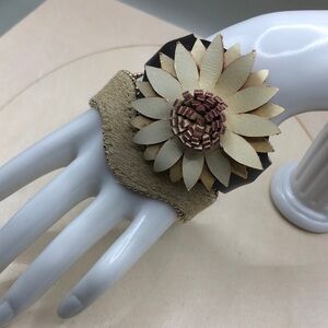 Bundle 2 boho style carved leather flower and cow hide bracelets